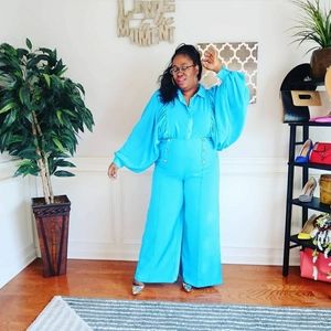 Bishop Sleeve Solid Top & double breasted seam front wide leg pants (sold as set